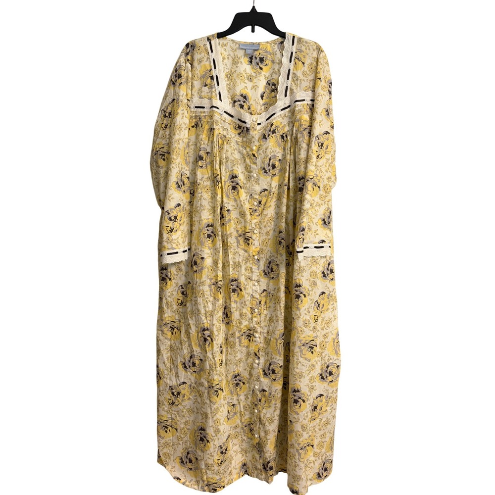 Only Necessities 2pc Nightgown Robe Set 3X Lightweight Yellow Floral Lace Cotton
